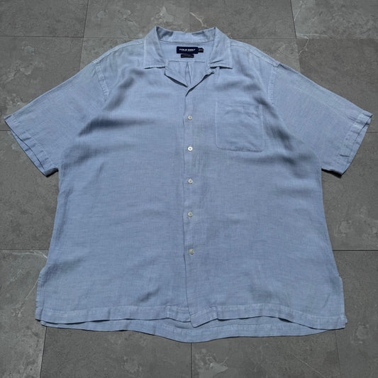 90s-00s Ralph Lauren Polo Golf Caldwell Blue Herringbone Silk x Linen Open Collar Shirt KiiChain Clothing