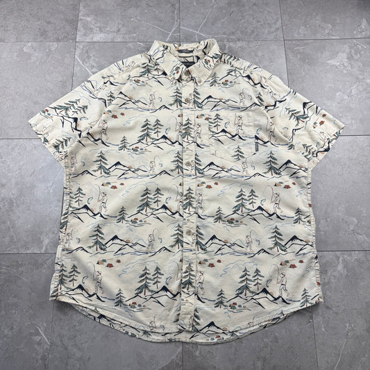 00s~ Eddie Bauer Classic Fit Fishing Graphic Short Sleeve Button Down Shirt