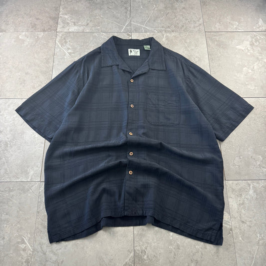 80s-90s Vintage Silk Black 3D Checkered 100% Silk Open collar Shirt XL