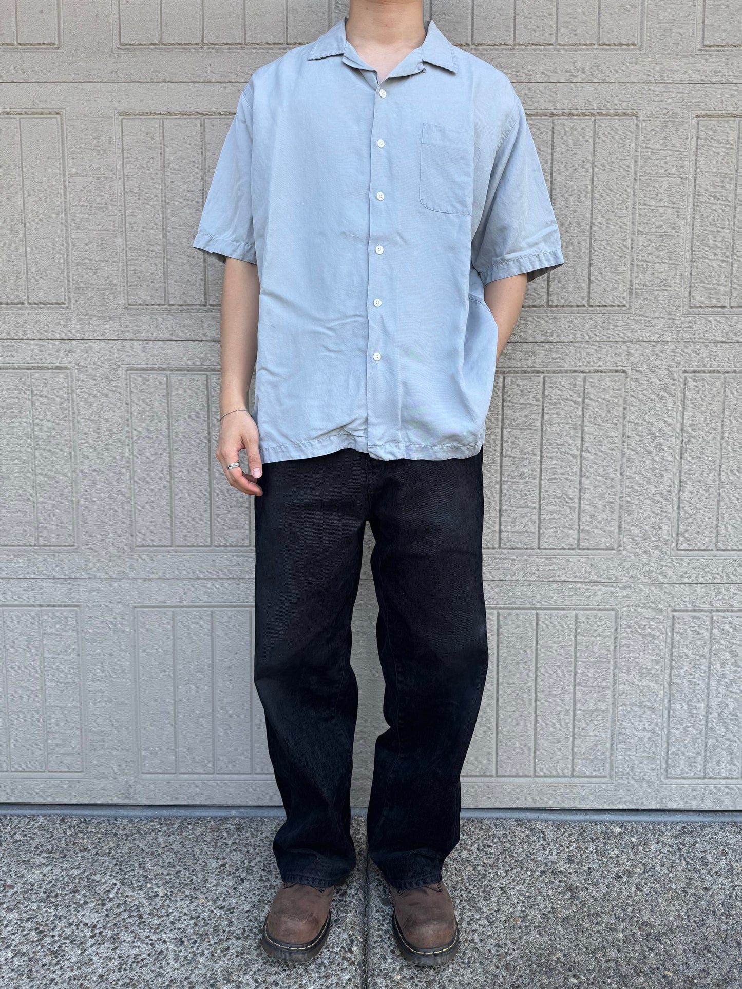 90s-00s Ralph Lauren “Caldwell” Light Blue/Gray Silk x Linen Open Collar Shirt KiiChain Clothing