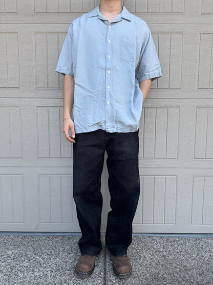 90s-00s Ralph Lauren “Caldwell” Light Blue/Gray Silk x Linen Open Collar Shirt KiiChain Clothing