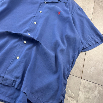 00s Polo by Ralph Lauren Curham Blue Linen x Cotton Open Collar Shirt L