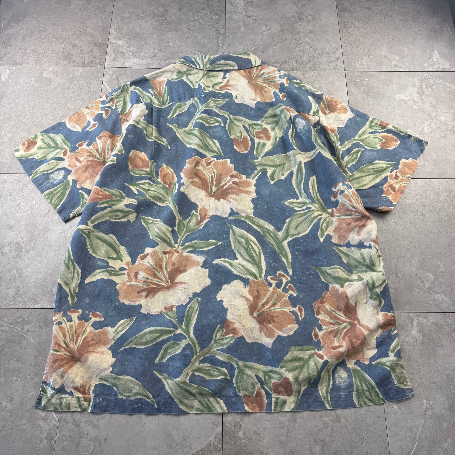 00s Polo by Ralph Lauren Vintage Camp Blue Flower Pattern Cotton x Linen Open Collar Shirt XL