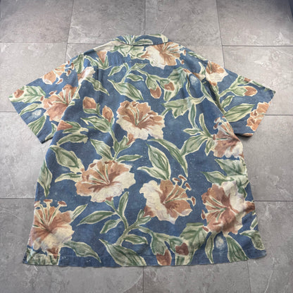 00s Polo by Ralph Lauren Vintage Camp Blue Flower Pattern Cotton x Linen Open Collar Shirt XL