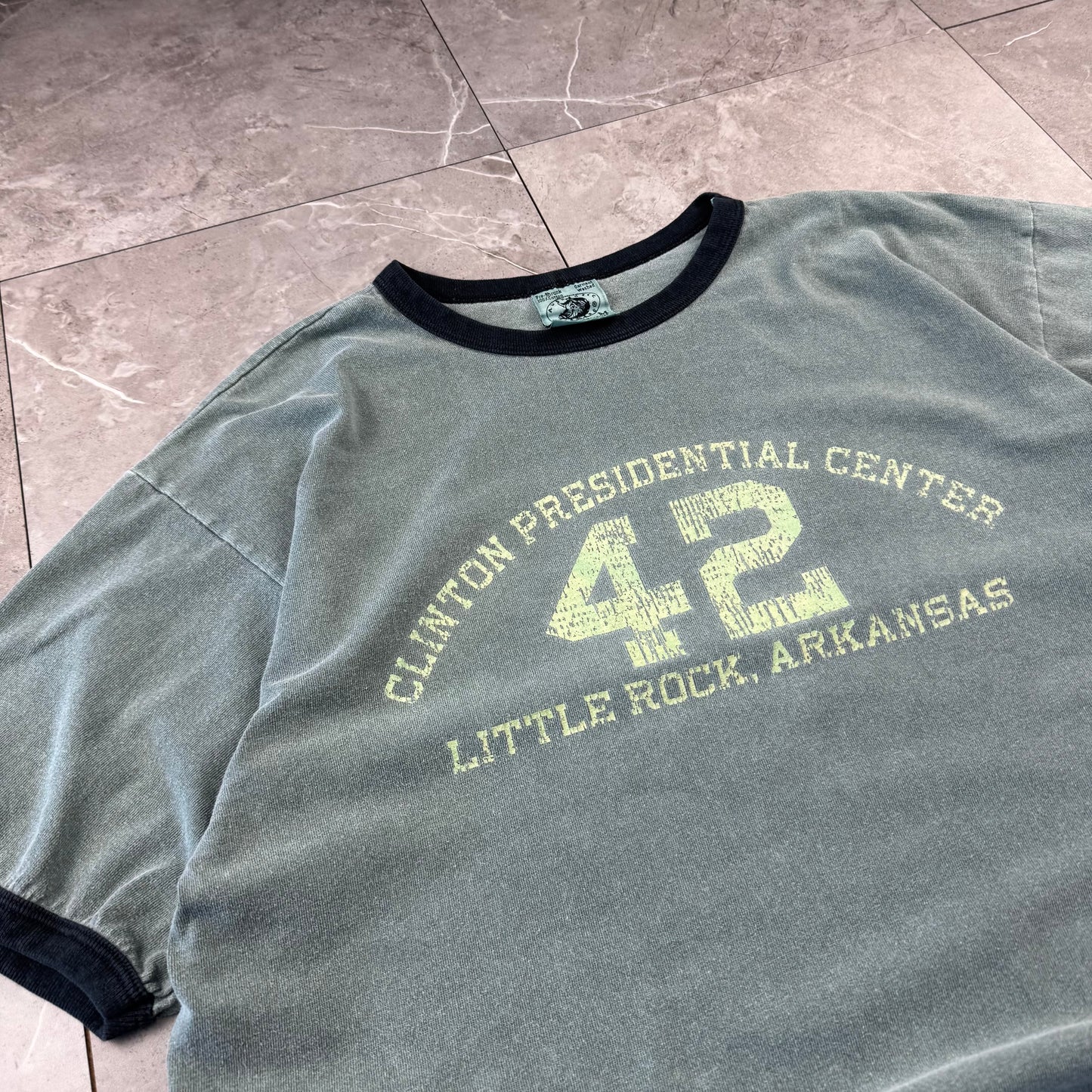 90s Authentic Pigment Clinton Presidential Center 42 Little Rock, Arkansas Faded Green Ringer T-Shirt