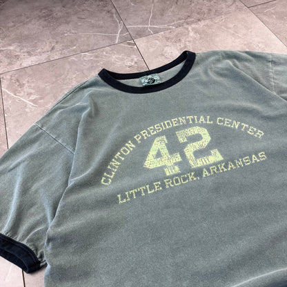 90s Authentic Pigment Clinton Presidential Center 42 Little Rock, Arkansas Faded Green Ringer T-Shirt