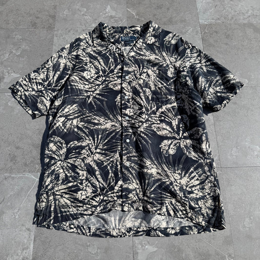 90s-00s Ralph Lauren “Clayton” Silk x Linen Black Open Collar Shirt KiiChain Clothing