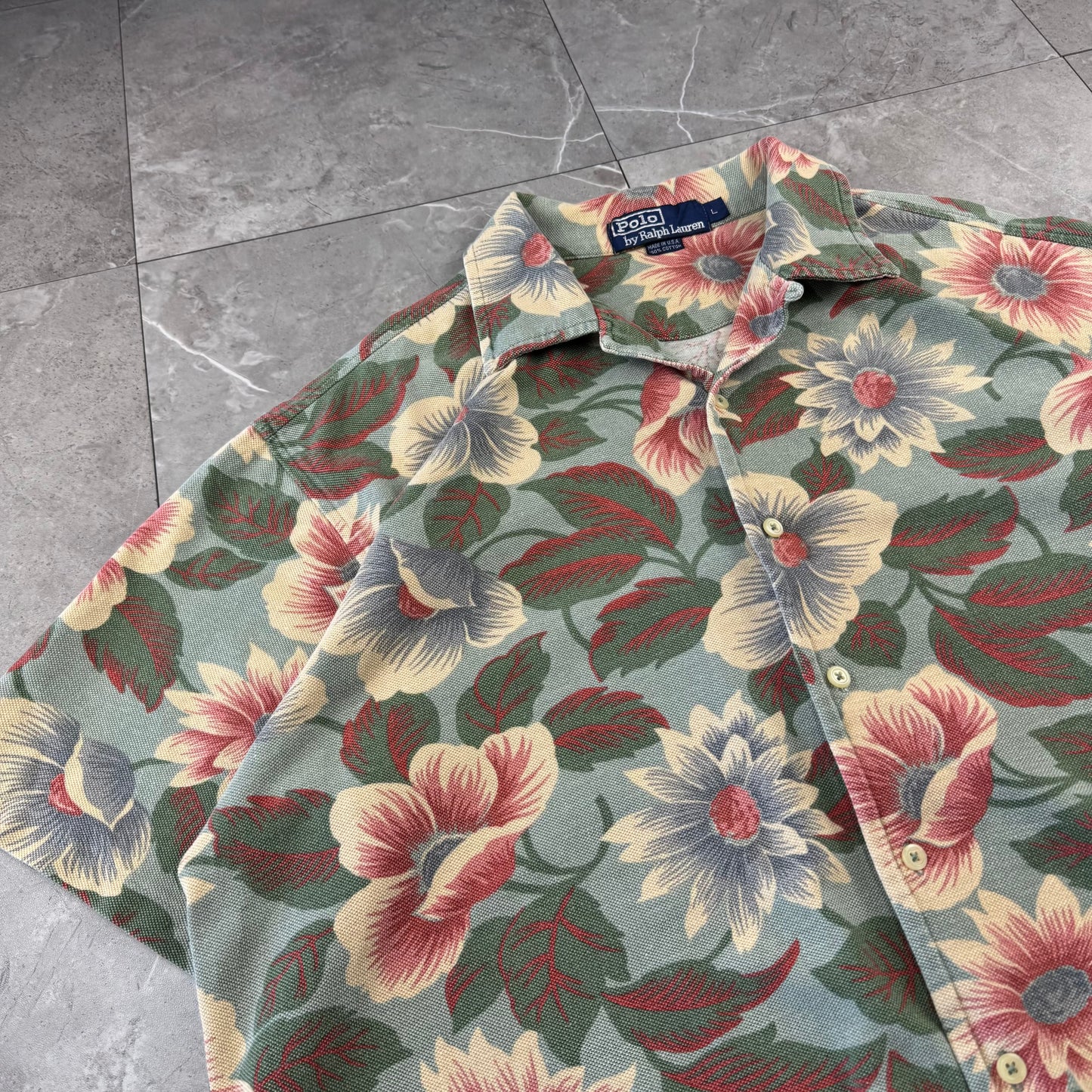 80s-90s Polo by Ralph Lauren Made in USA Green Floral Cotton Knit Open Collar Shirt