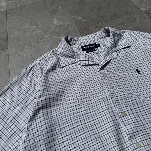 90s-00s Polo Golf Caldwell Cropped Raw Hem White Checkered Shirt KiiChain Clothing