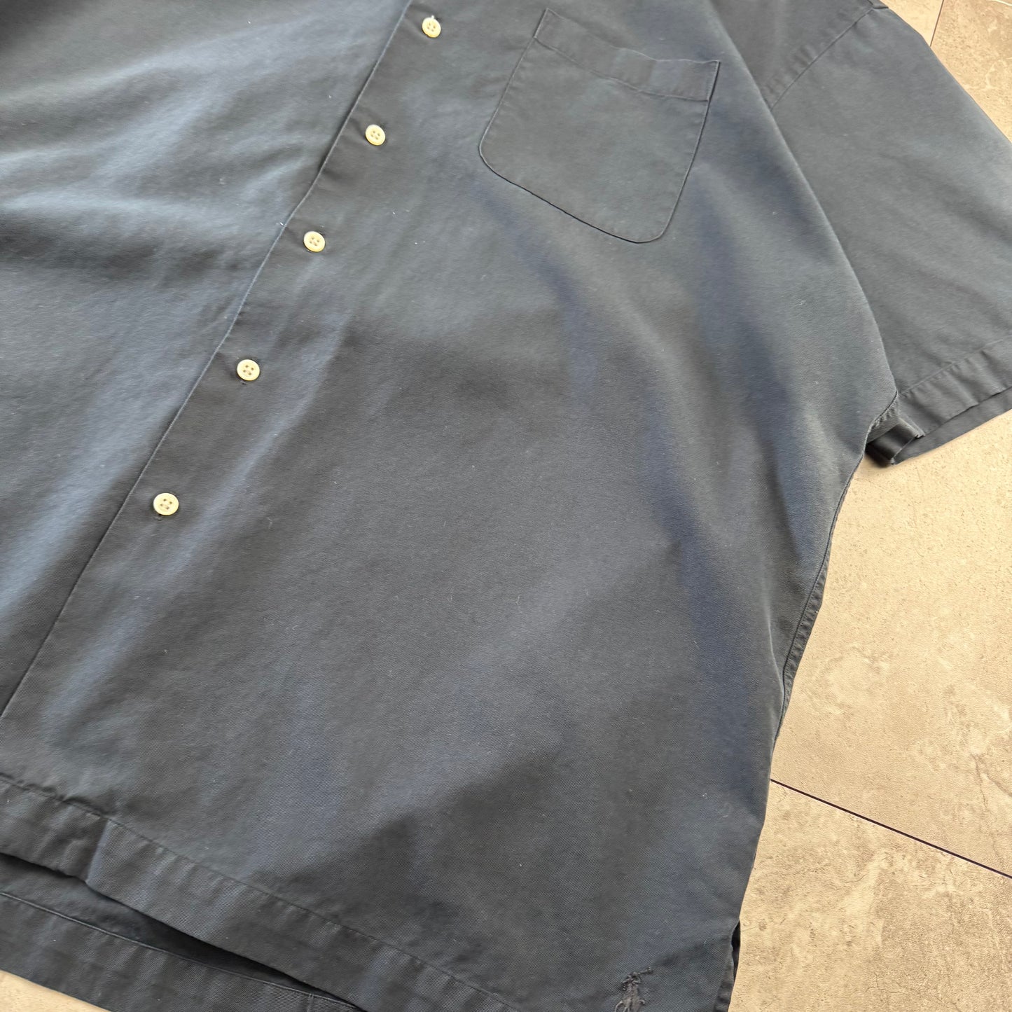 00s Polo by Ralph Lauren Black Sun Faded Silk x Cotton Open Collar Shirt