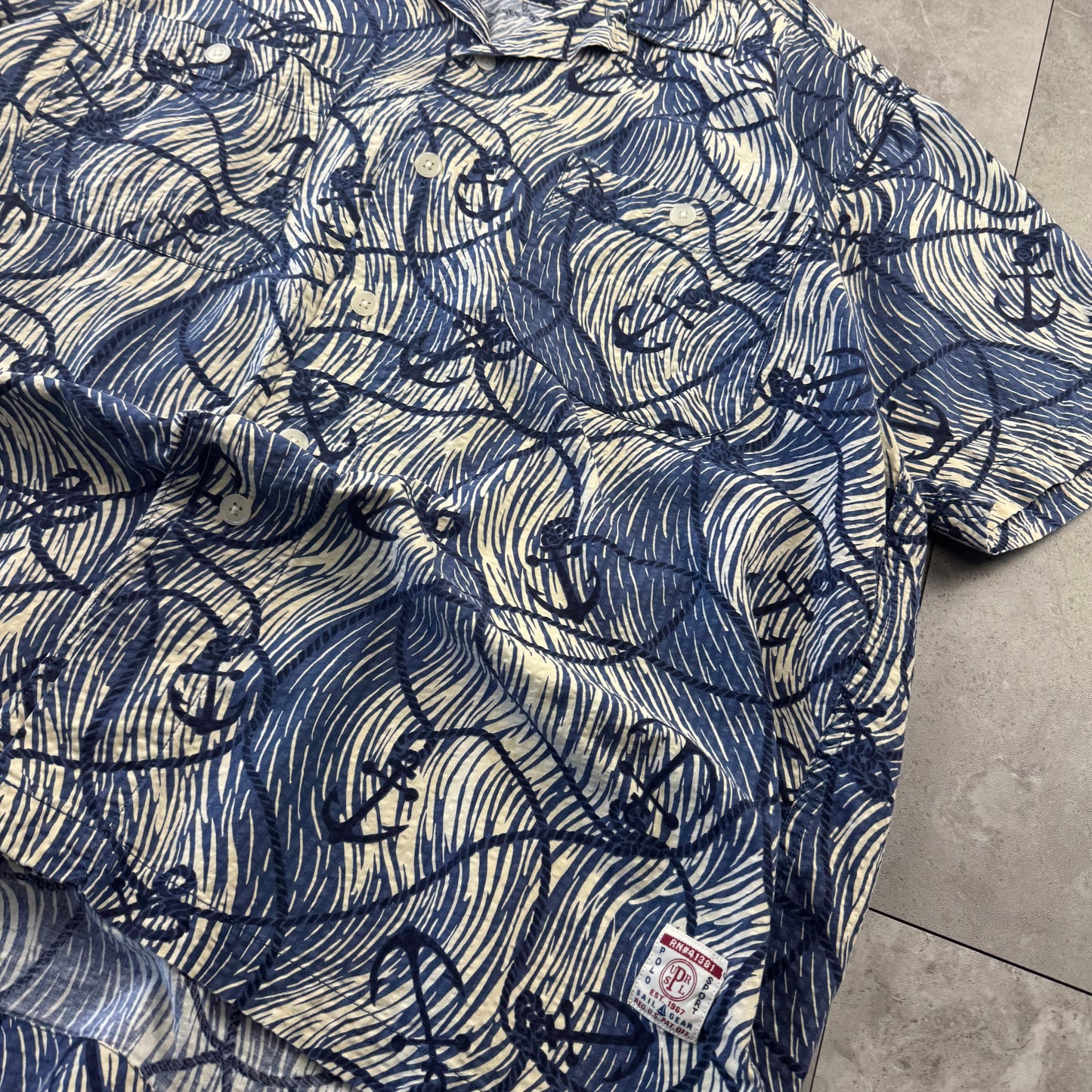 00s Ralph Lauren Polo Sport Blue Anchor Seersucker Open Collar Shirt L