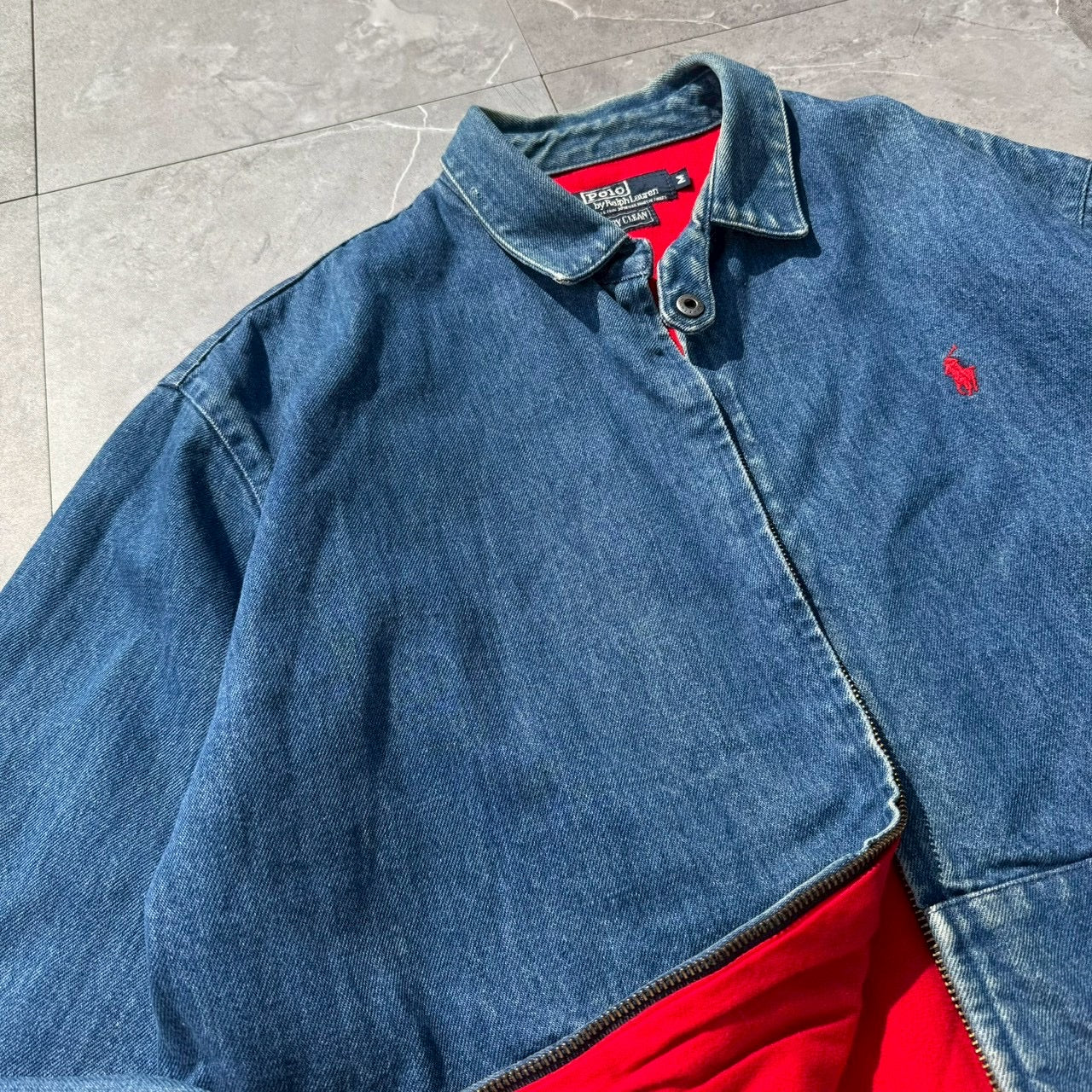 80s-90s Ralph Lauren Made in USA Red Fleece Lined Denim Swing Top Jacket