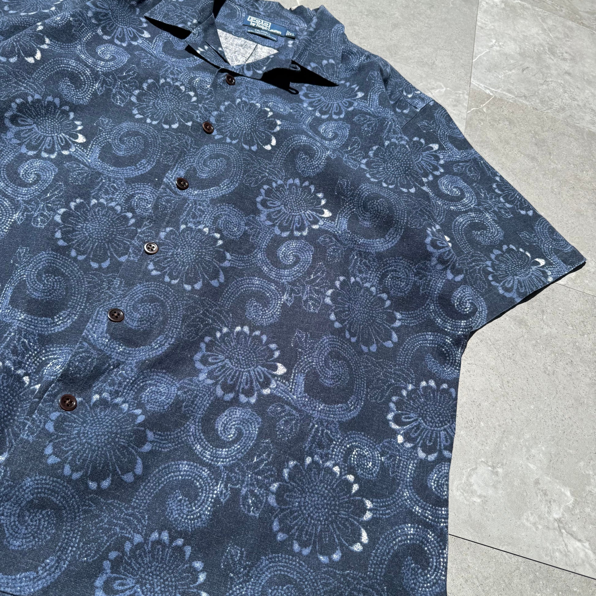90s-00s Ralph Lauren Caldwell Dark Blue Linen x Cotton Floral Open Collar Shirt KiiChain Clothing