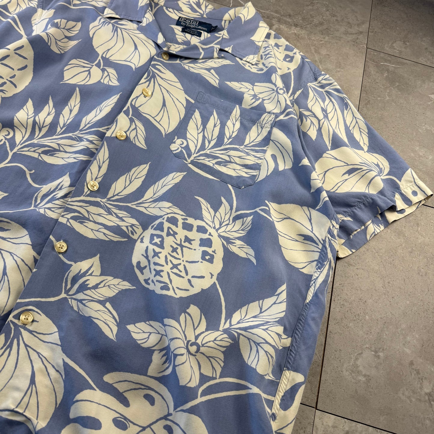 00s Polo by Ralph Lauren Adams Blue Rayon Open Collar Shirt L