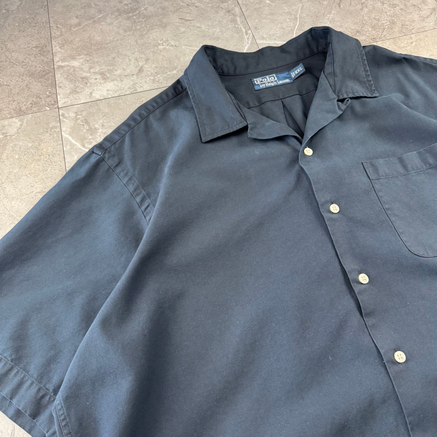 00s Polo by Ralph Lauren Black Sun Faded Silk x Cotton Open Collar Shirt