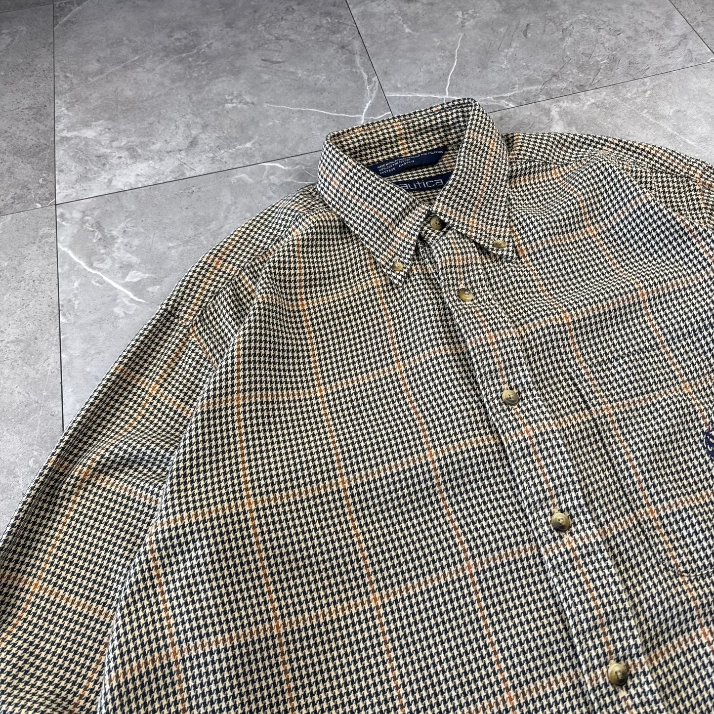 90s Nautica Brown Houndstooth Checkered Button Down Shirt