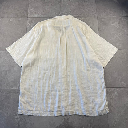 00s Polo by Ralph Lauren Caldwell No-Pony White Checkered Linen x Cotton Open Collar Shirt XL