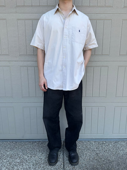 00s Polo by Ralph Lauren White Herringbone Linen x Silk Open Collar Shirt XXL