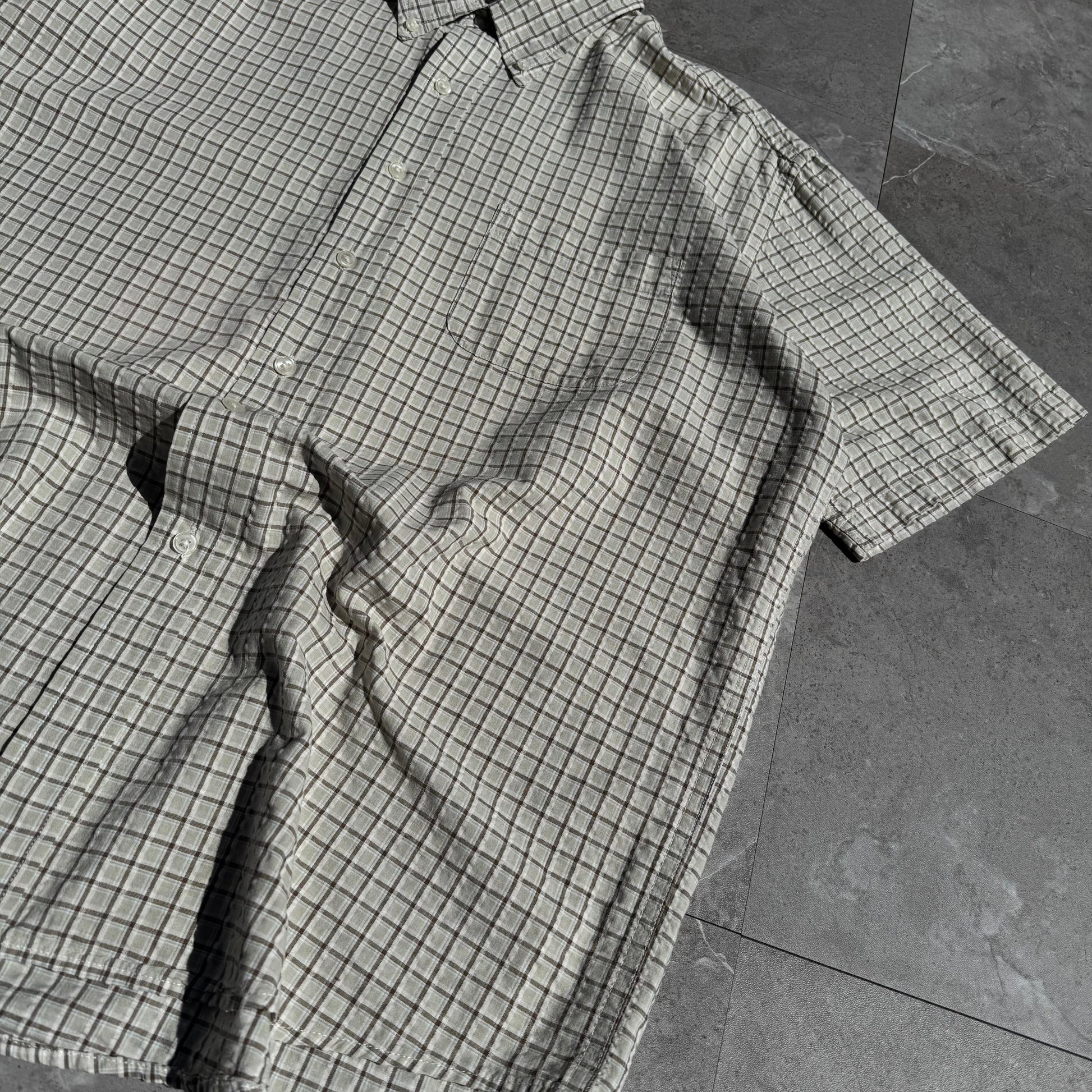90s-00s John Ashford Cream Seersucker Checkered Cotton Short Sleeve Shirt KiiChain Clothing