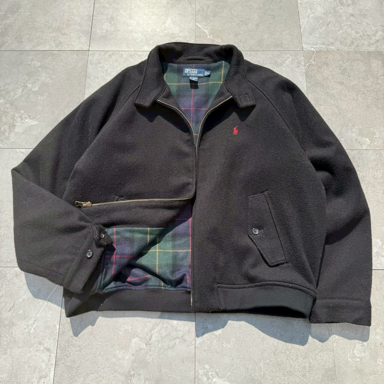 90s-00s Ralph Lauren Black Checkered Lined Wool Harrington Jacket