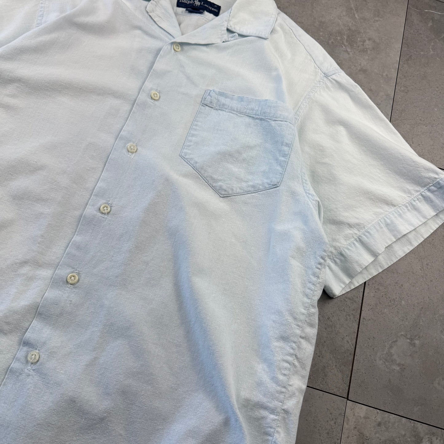 80s Ralph Lauren Faded Light Blue Sleeve Logo Open Collar Shirt Size 4