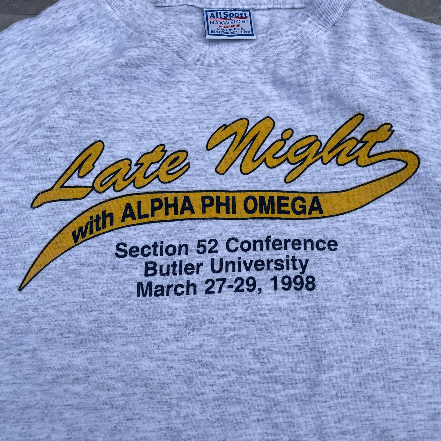 90s Late Night with Alpha Phi Omega 1998 Made in USA All Sport T-Shirt