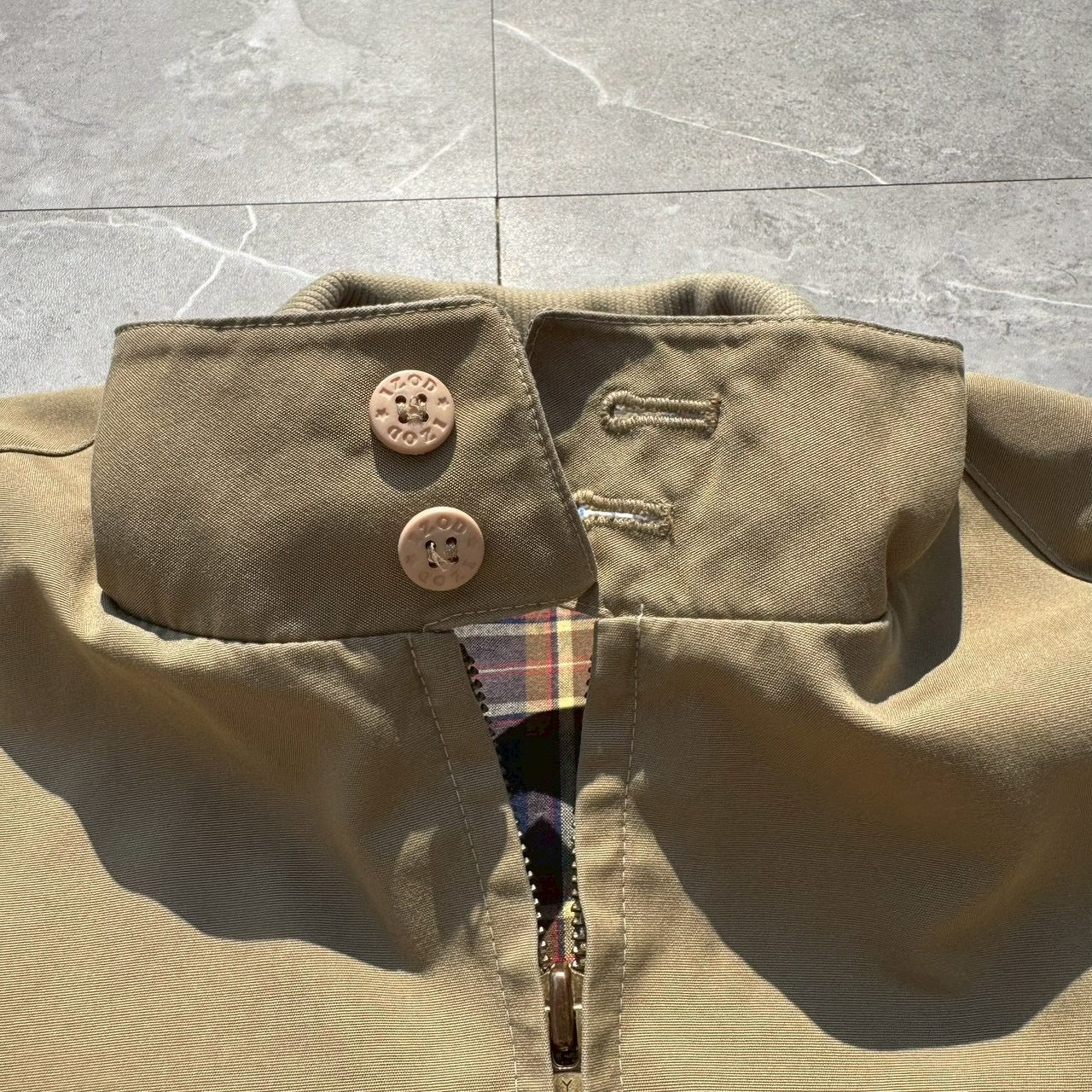 70s-80s Izod x Lacoste Beige Tan Flannel Lined Harrington Jacket