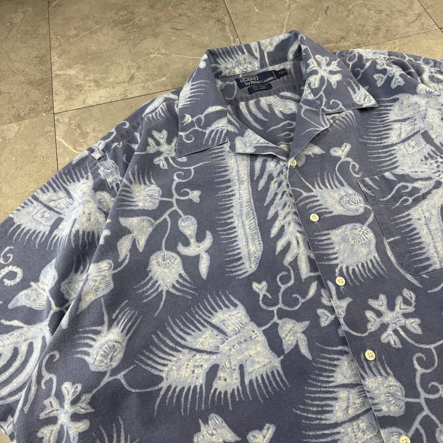 90s Polo by Ralph Lauren Faded Blue Cotton x Linen x Ramie Open Collar Shirt
