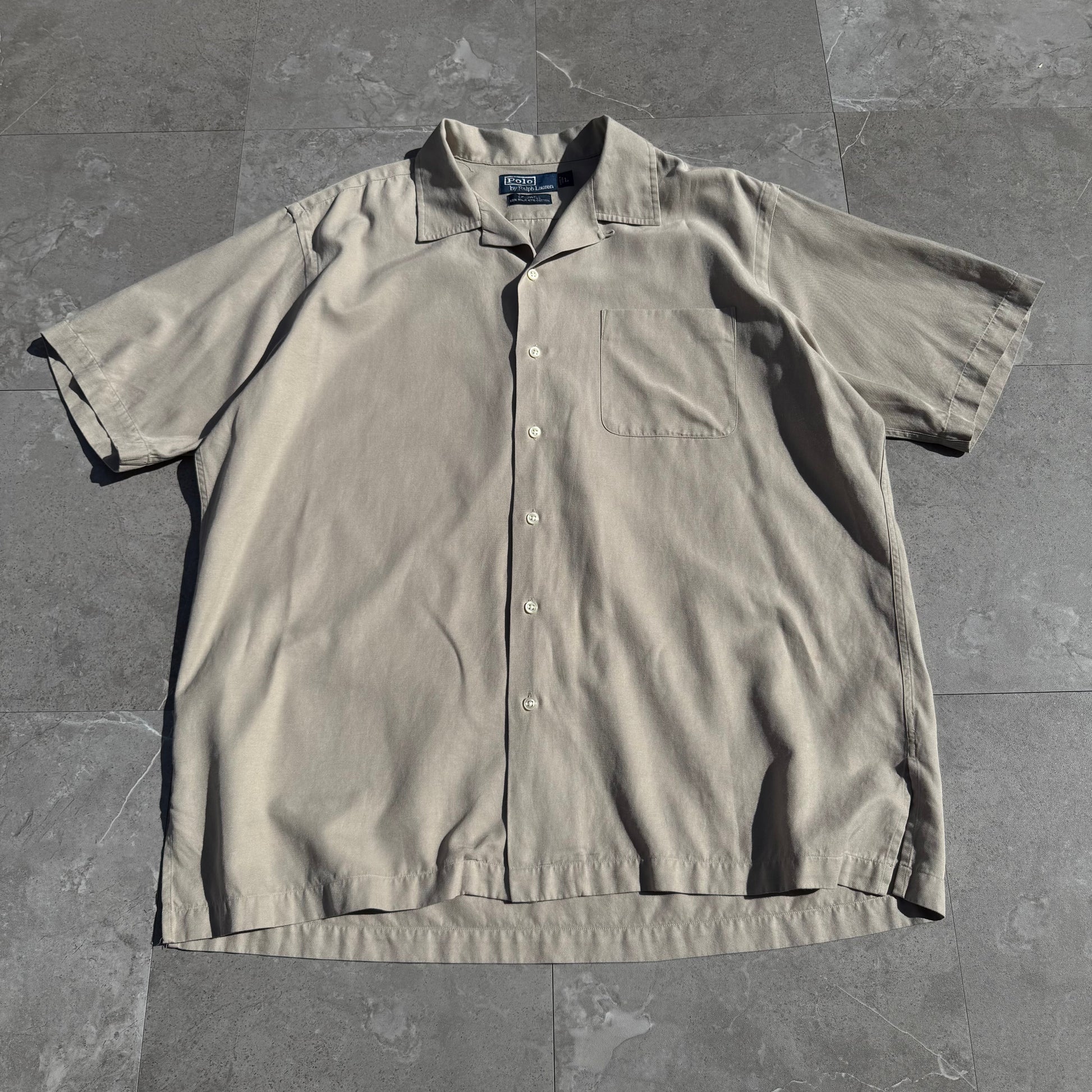 90s-00s Ralph Lauren “Caldwell” No-Pony Beige Silk x Cotton Open Collar Shirt KiiChain Clothing