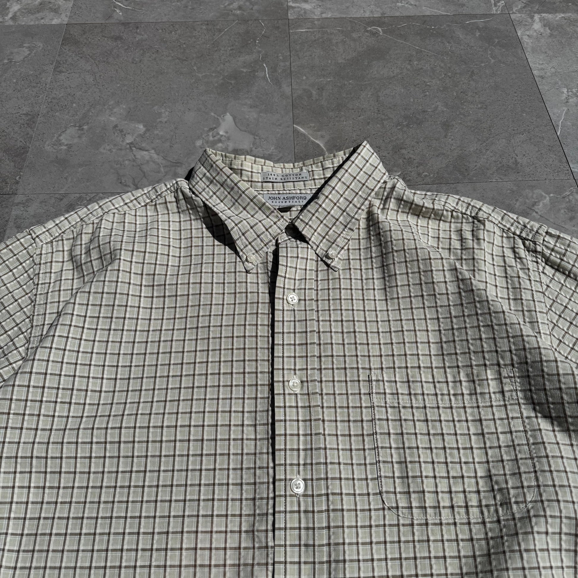 90s-00s John Ashford Cream Seersucker Checkered Cotton Short Sleeve Shirt KiiChain Clothing