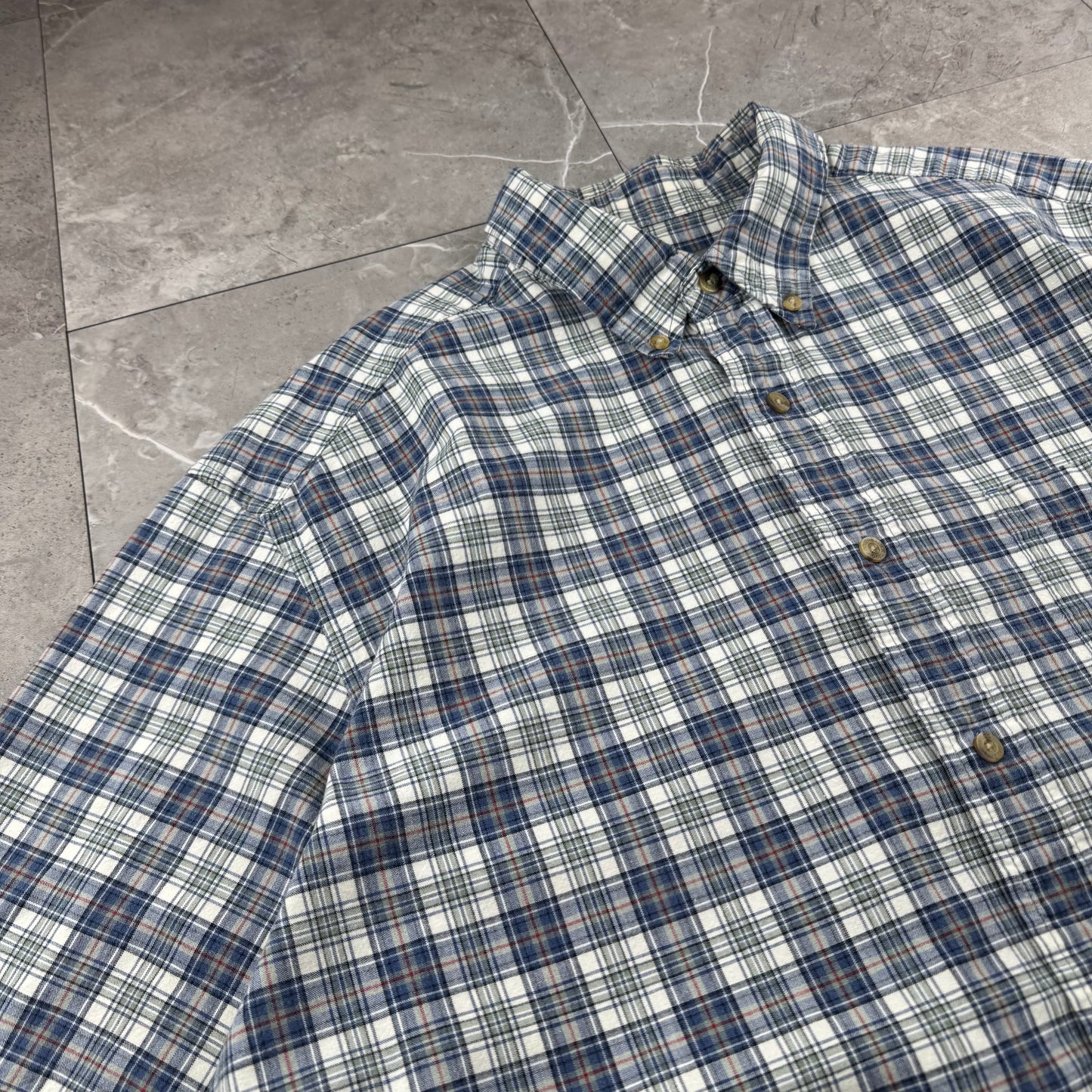 00s Eddie Bauer Blue/White Checkered Button Down Short Sleeve Shirt L