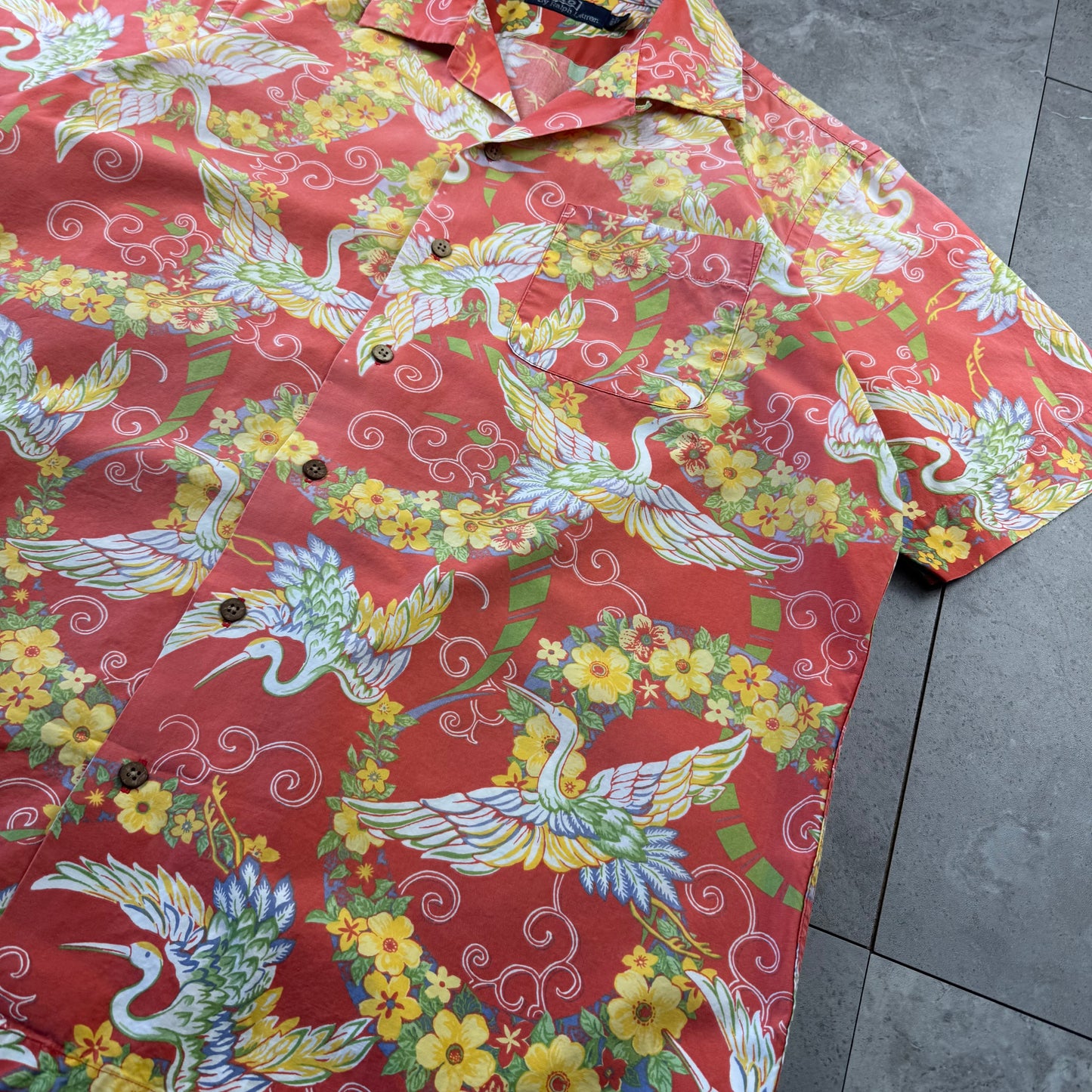 00s Polo by Ralph Lauren Red Rare Crane Graphic Open Collar Shirt L
