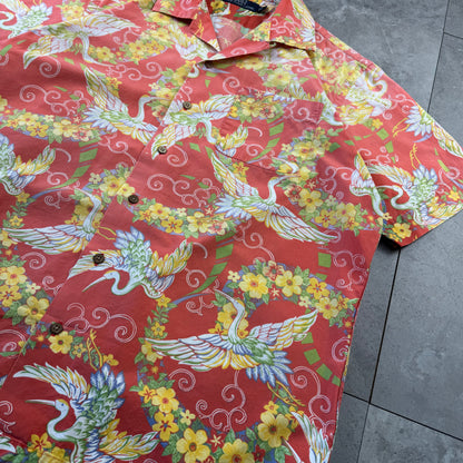 00s Polo by Ralph Lauren Red Rare Crane Graphic Open Collar Shirt L
