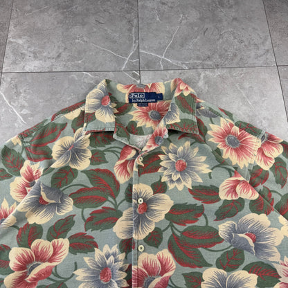 80s-90s Polo by Ralph Lauren Made in USA Green Floral Cotton Knit Open Collar Shirt