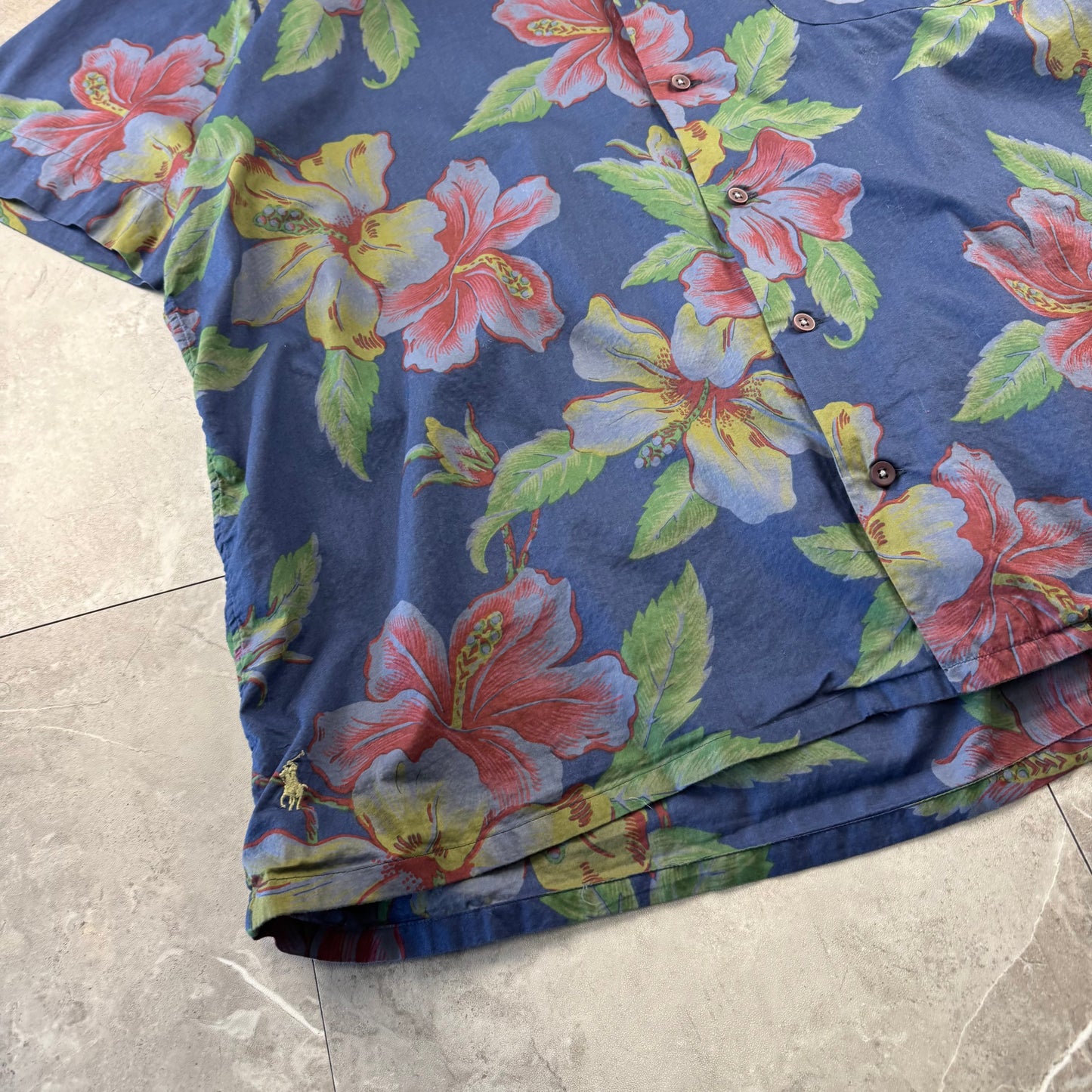 00s~ Polo Ralph Lauren Navy Hibiscus Open Collar Shirt XXL