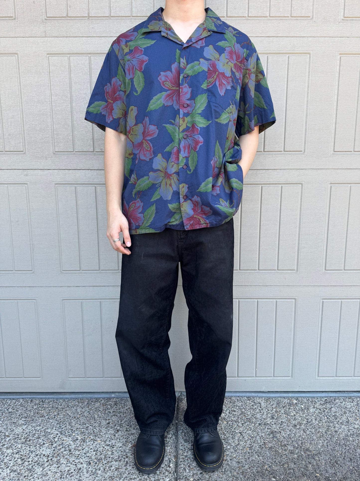 00s~ Polo Ralph Lauren Navy Hibiscus Open Collar Shirt XXL