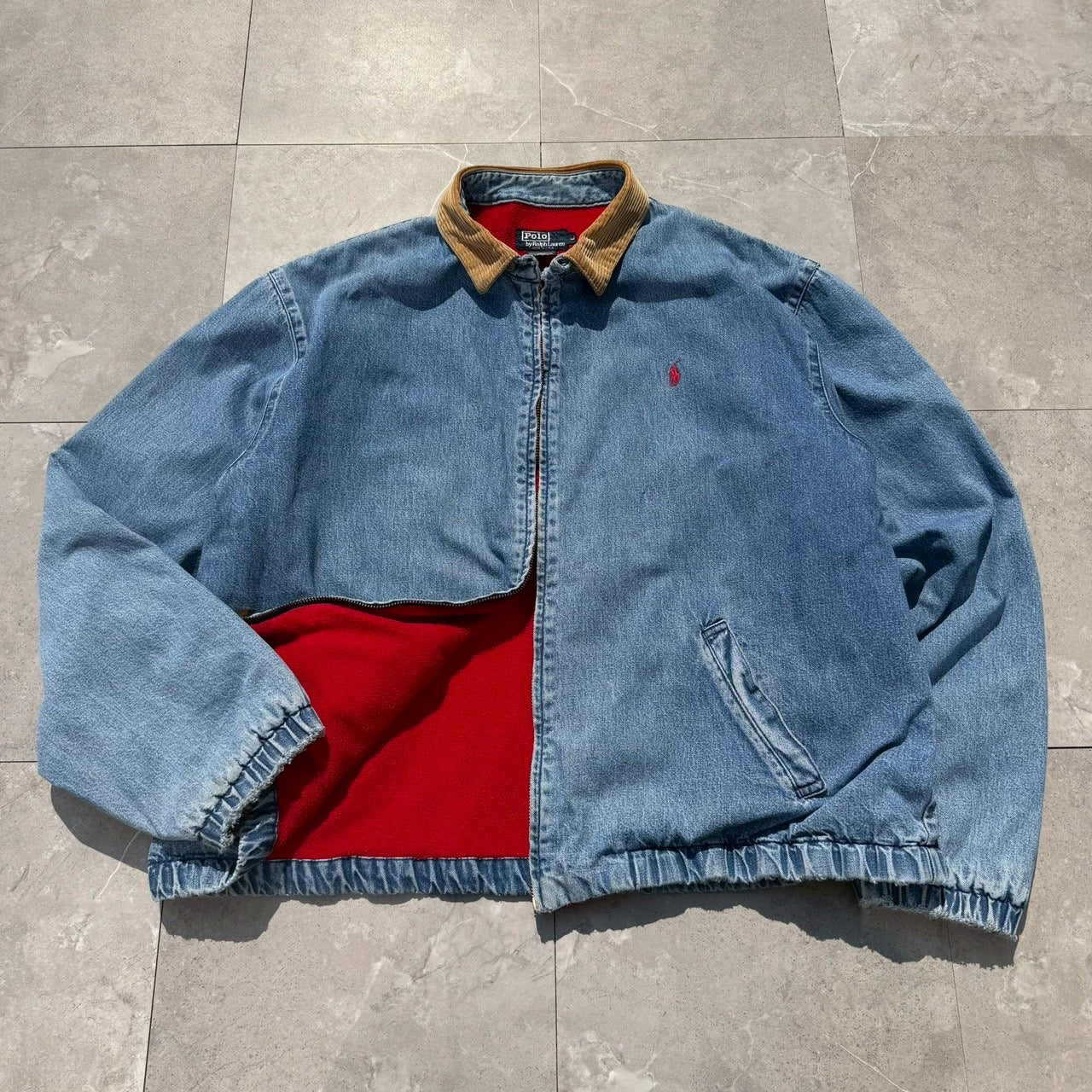 80s-90s Ralph Lauren Made in USA Red Fleece Lined Corduroy Collar Denim Swing Top Jacket