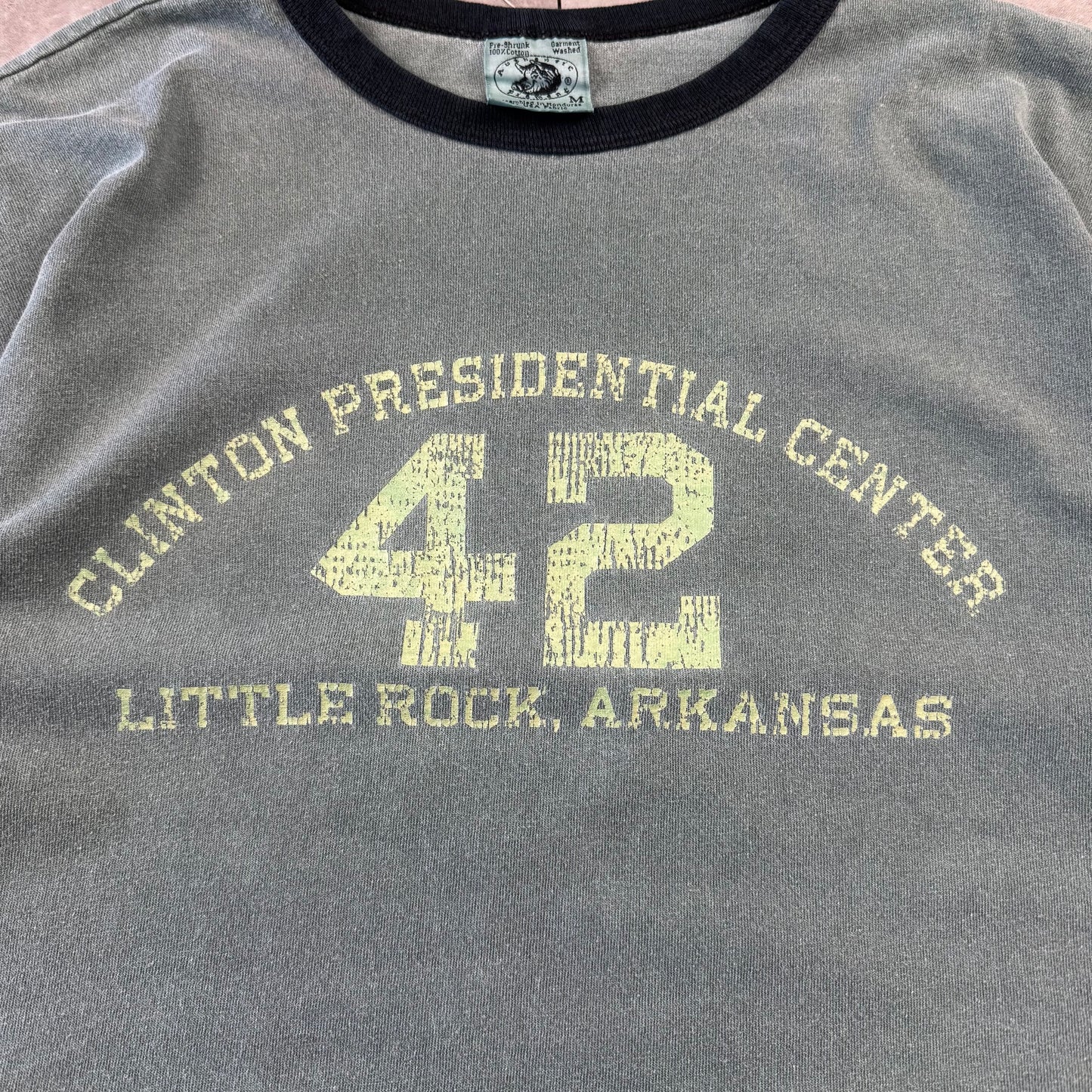 90s Authentic Pigment Clinton Presidential Center 42 Little Rock, Arkansas Faded Green Ringer T-Shirt