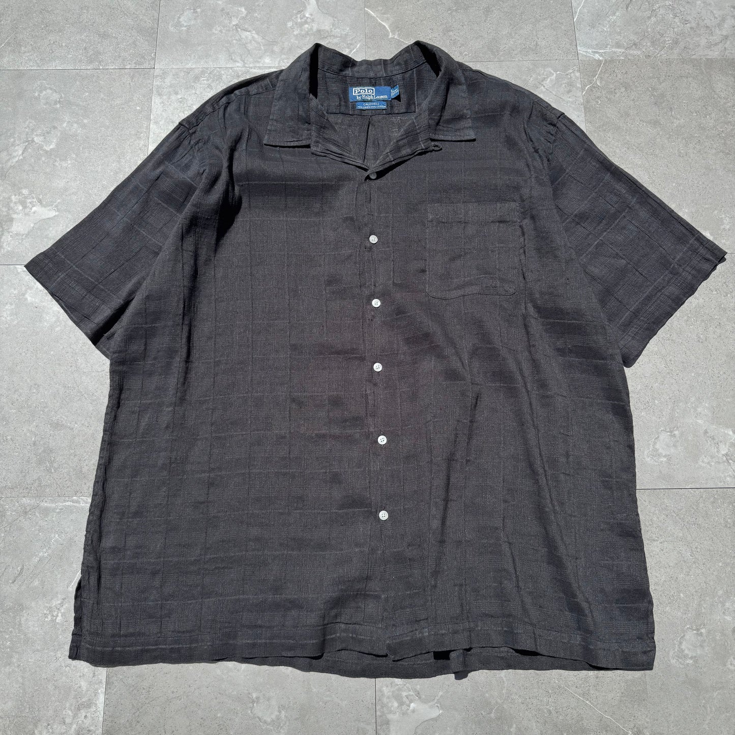 90s-00s Ralph Lauren Rare Caldwell Black Linen x Cotton Checkered Open Collar Shirt KiiChain Clothing