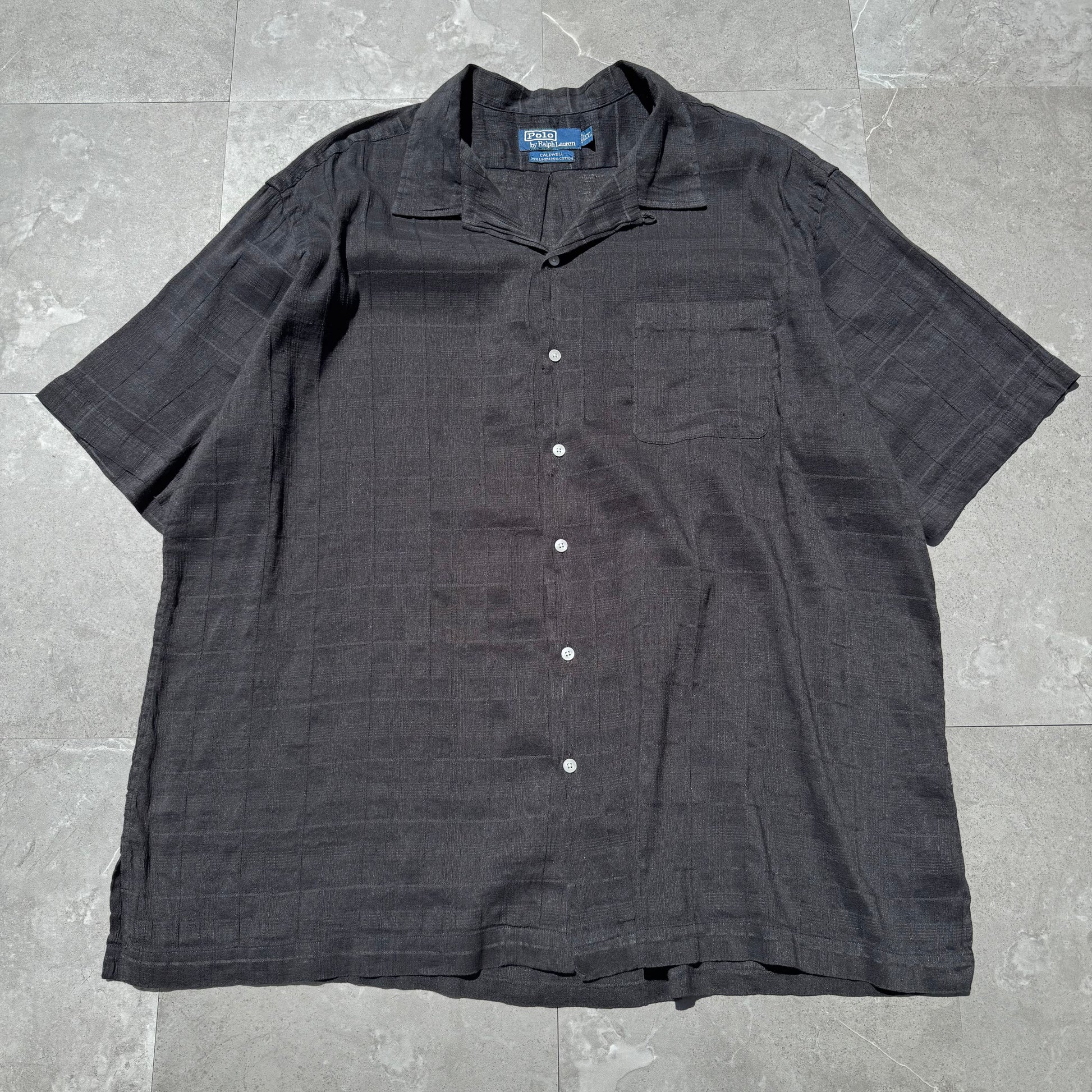 90s-00s Ralph Lauren Rare Caldwell Black Linen x Cotton Checkered Open Collar Shirt KiiChain Clothing