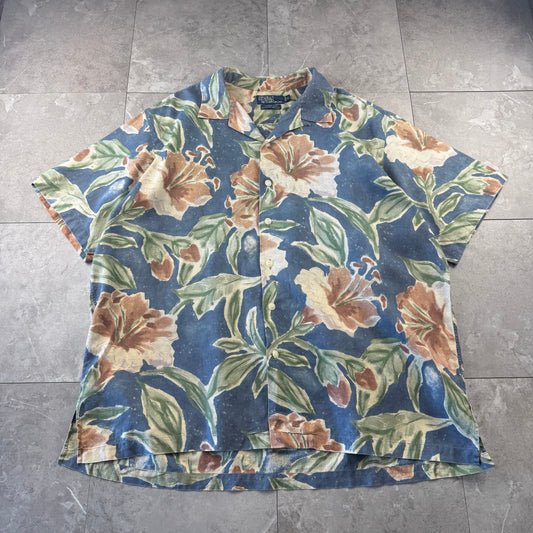 00s Polo by Ralph Lauren Vintage Camp Blue Flower Pattern Cotton x Linen Open Collar Shirt
