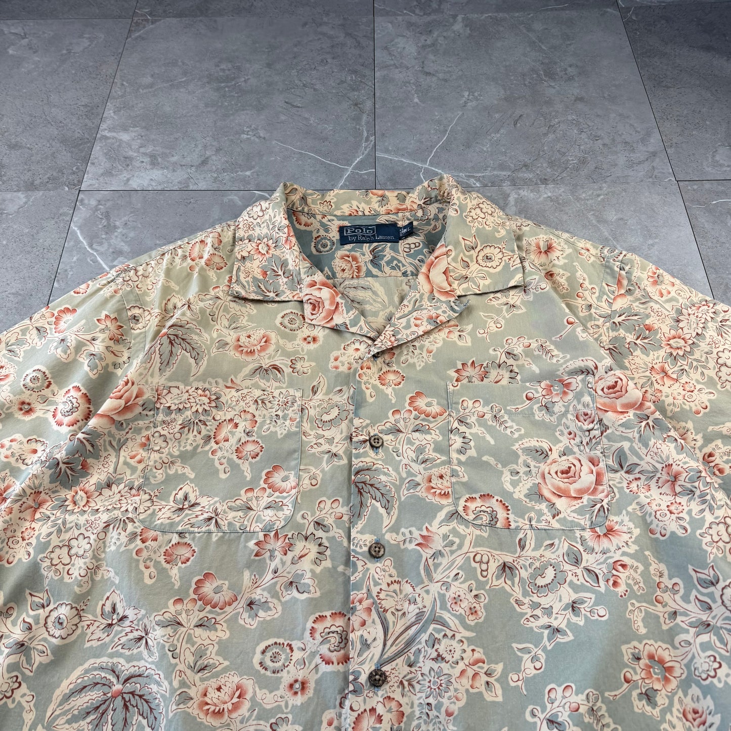 90s-00s Polo by Ralph Lauren Faded Green Flower Pattern Open Collar Shirt XL