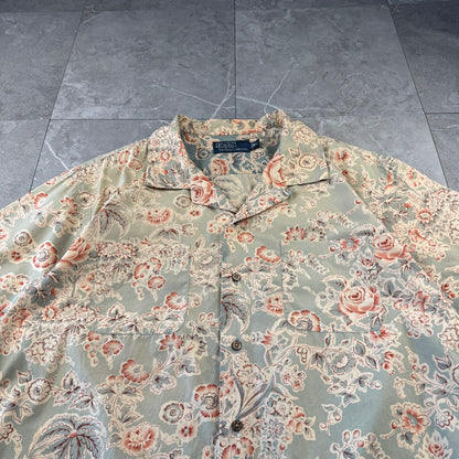 90s-00s Polo by Ralph Lauren Faded Green Flower Pattern Open Collar Shirt XL