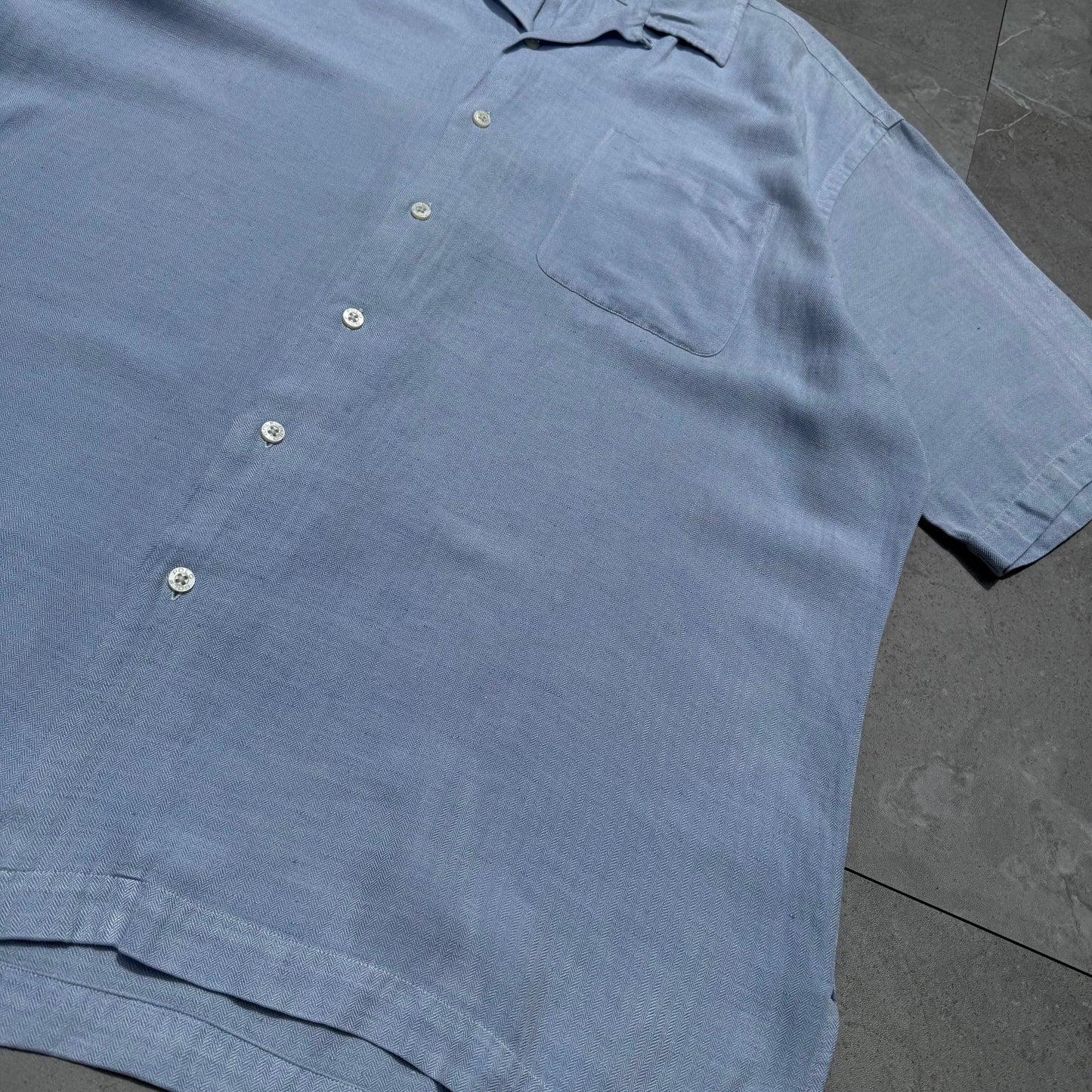 90s-00s Ralph Lauren Polo Golf Caldwell Blue Herringbone Silk x Linen Open Collar Shirt KiiChain Clothing