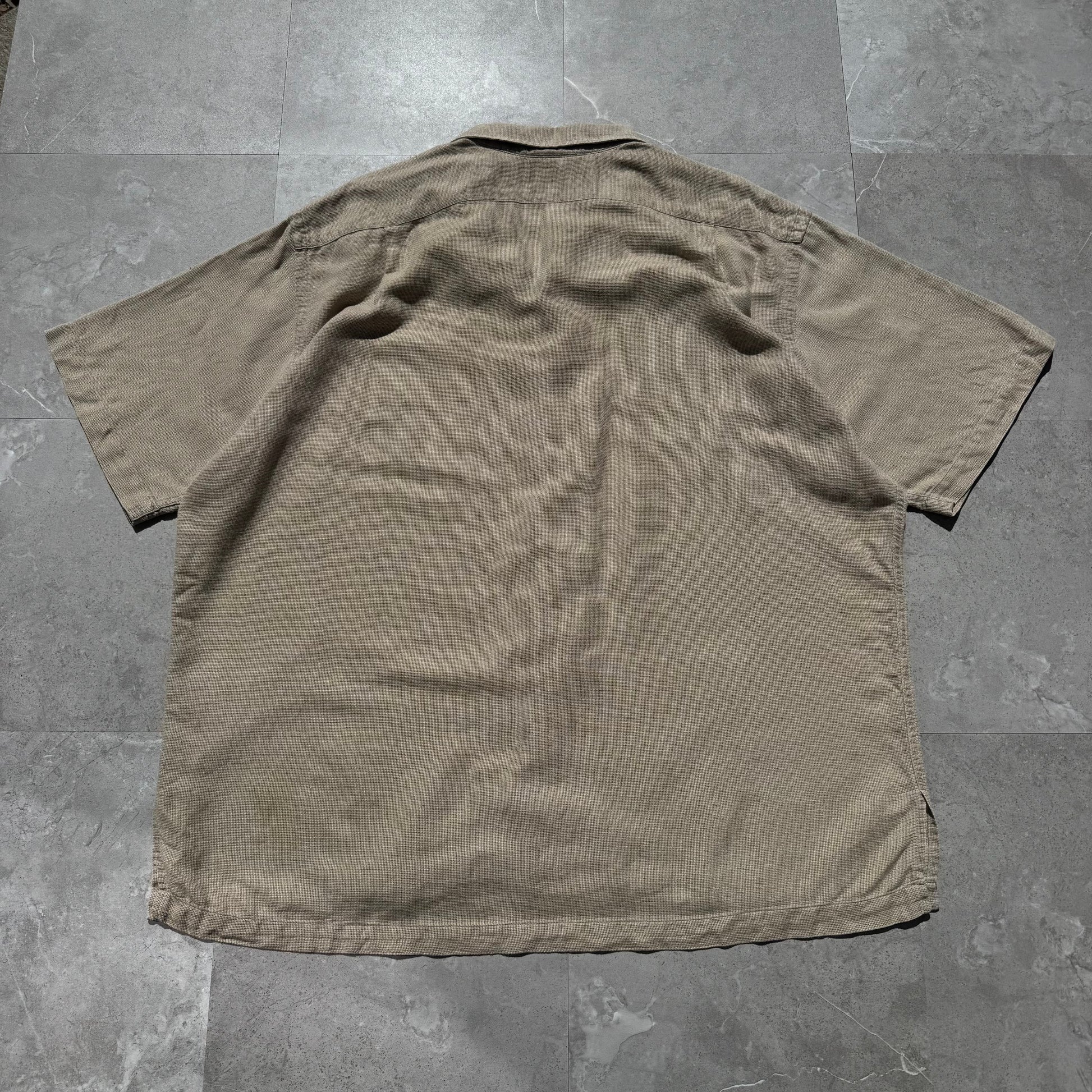 90s-00s Ralph Lauren “Clayton” Linen x Cotton No-Pony Beige Open Collar Shirt KiiChain Clothing