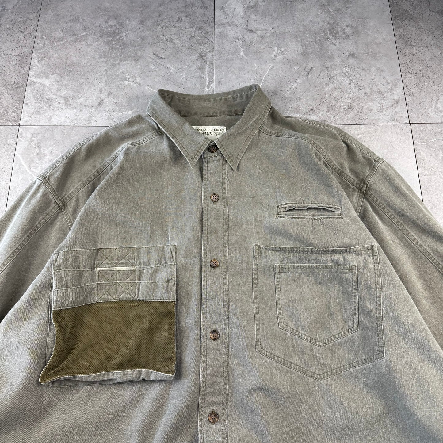 80s-90s Banana Republic Faded Khaki Multi Mesh Pocket Safari Shirt