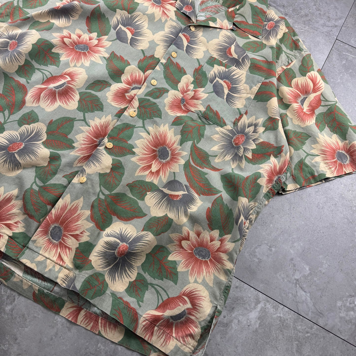90s Polo by Ralph Lauren Green Cotton x Linen x Ramie Flower Open Collar Shirt XL