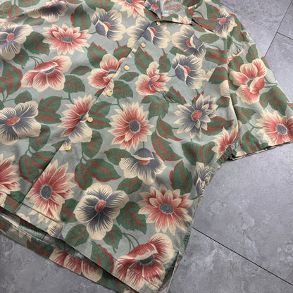 90s Polo by Ralph Lauren Green Cotton x Linen x Ramie Flower Open Collar Shirt XL