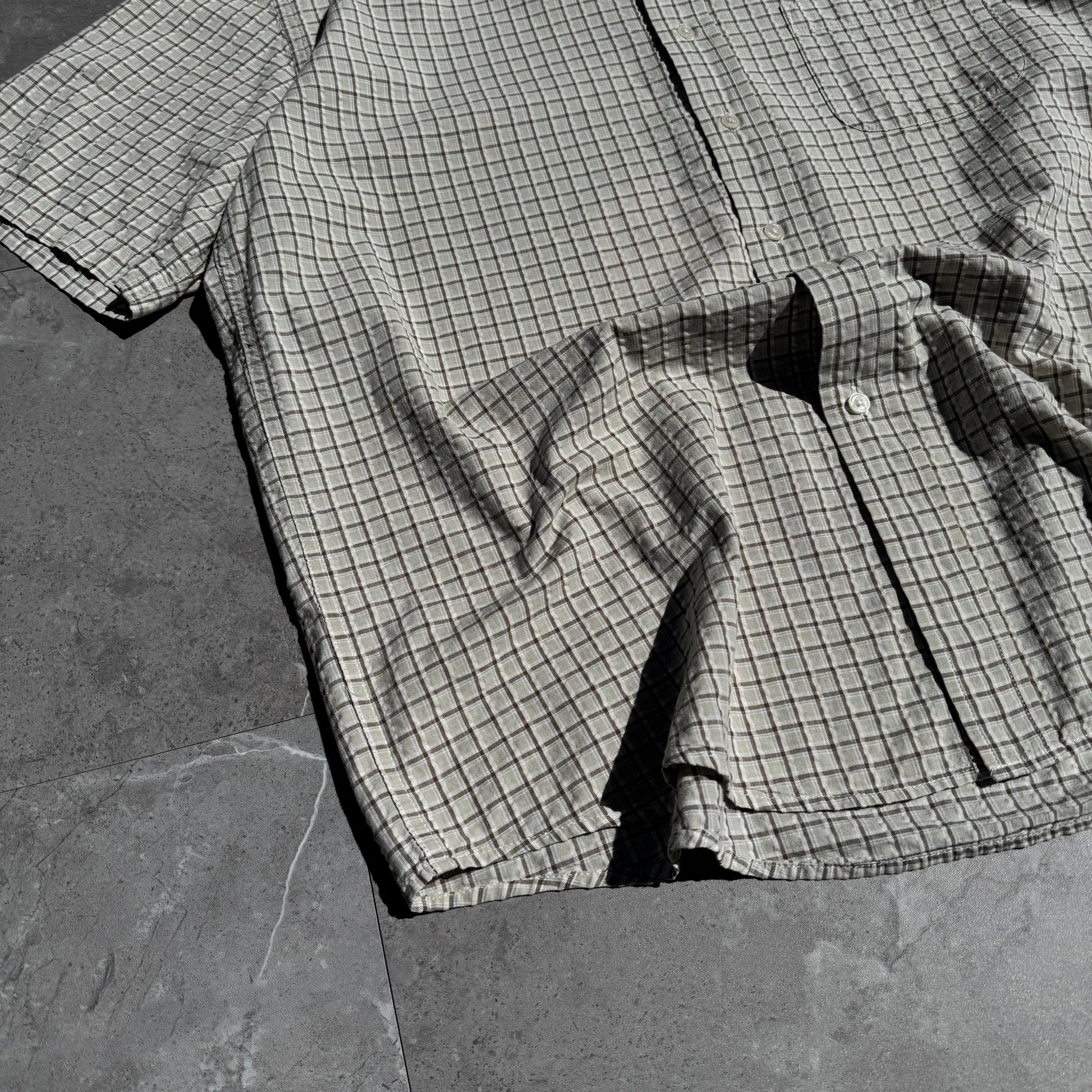 90s-00s John Ashford Cream Seersucker Checkered Cotton Short Sleeve Shirt KiiChain Clothing