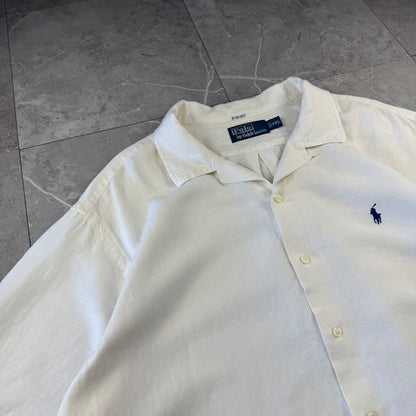 00s Polo by Ralph Lauren White Herringbone Linen x Silk Open Collar Shirt XXL
